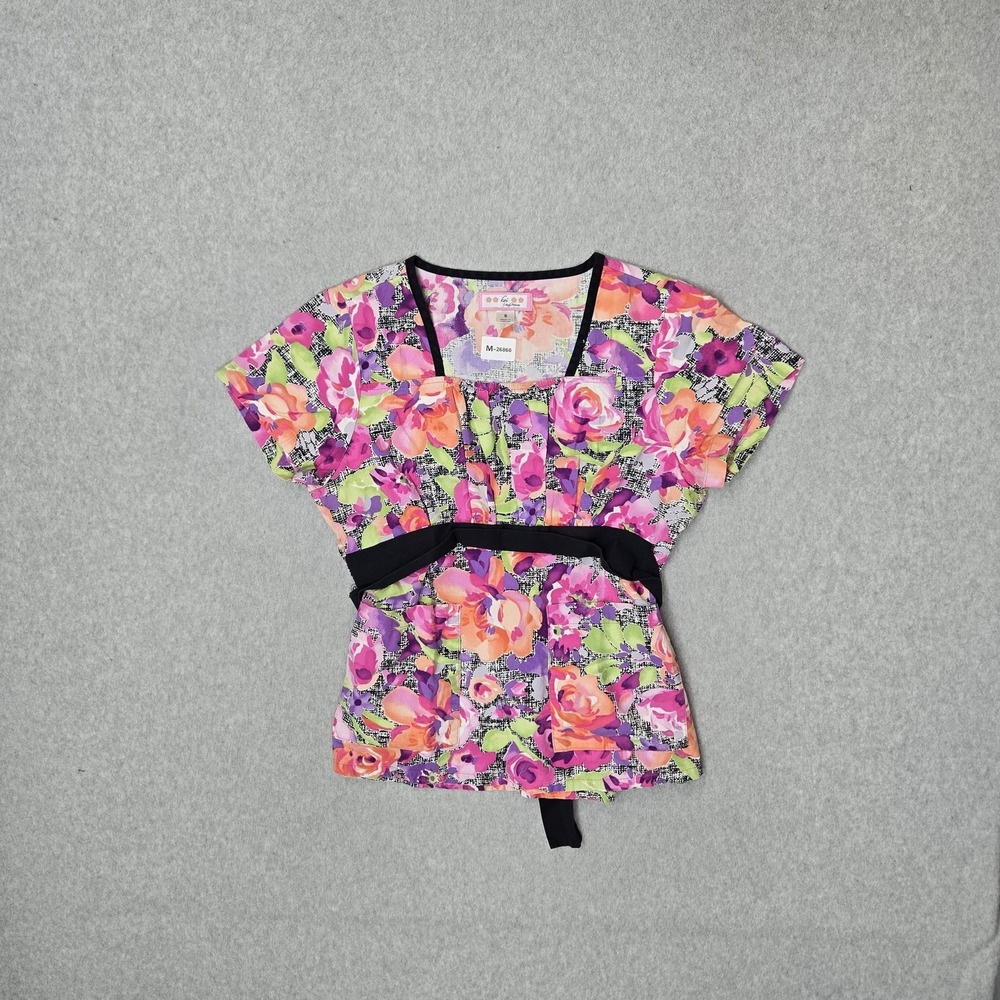 Koi Women Scrub Top S Pink Floral Mock Wrap Coquettecore Button PO#1462 - Picture 1 of 10